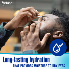 Systane vial dispensing a drop to hydrate and soothe irritated eyes