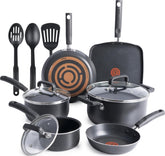 T-Fal front packaging showing the 12-piece set and included utensils for easy setup