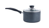 T-Fal front view of the 3 qt saucepan showing compact design and easy storage benefit