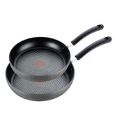 T-Fal fry pan set front view showing 10 and 12 inch pans, durable and ready