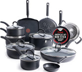 T‑fal set front view showing complete 17‑piece Onyx cookware and versatility