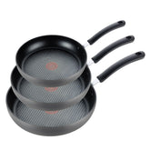 T-Fal front view of the three fry pans showing sizes and onyx finish for versatile cooking