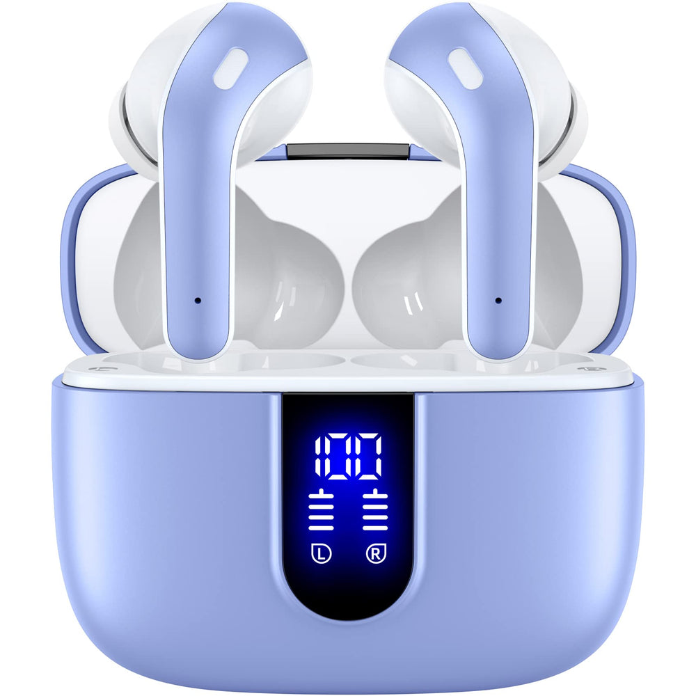 TAGRY front view with case open showing earbuds and LED display, convenient battery monitoring
