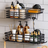 TAILI black shower caddy front view showing organized bottles and soap, saves space