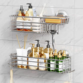 TAILI front view of two silver suction-cup shower caddies showing capacity benefit