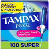 tampax Pearl front packaging showing 100-count convenience and protection