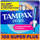 Tampax Pearl front packaging showing two 50 count packs and key benefits
