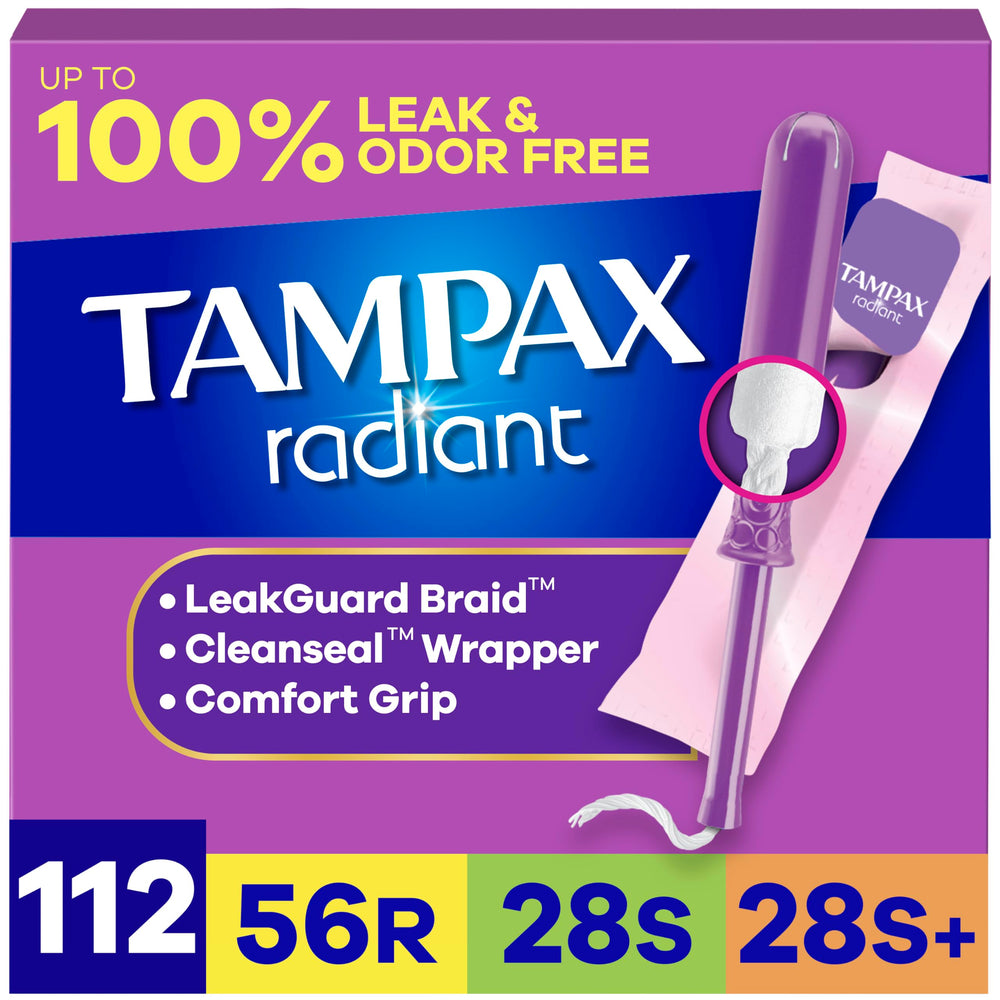 Tampax Radiant front packaging showing multipack and absorbency labels for convenience
