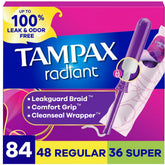 Tampax Radiant front packaging showing multipack and absorbency options for reliable storage