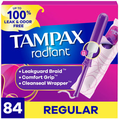 tampax front packaging showing 84 count for convenient stocking