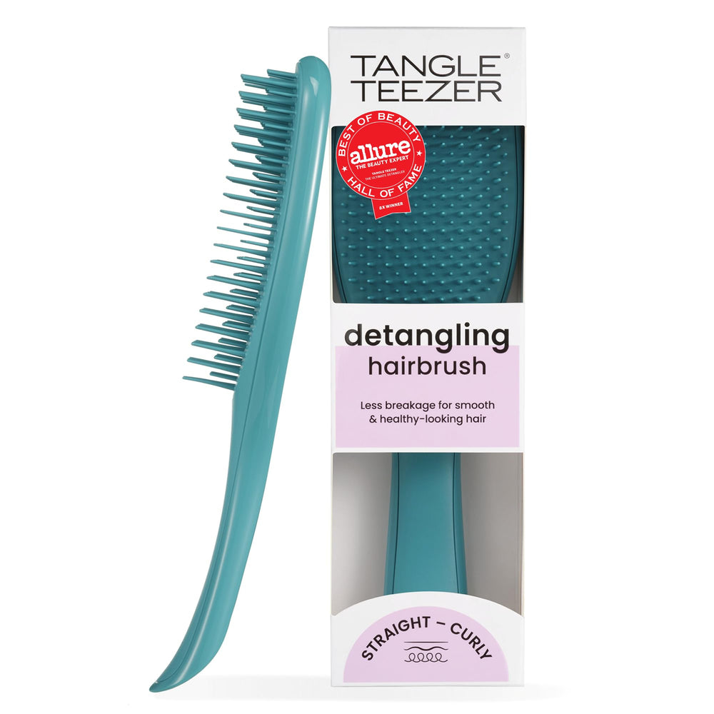 TANGLE TEEZER brush front view showing compact teal design and easy handling benefit
