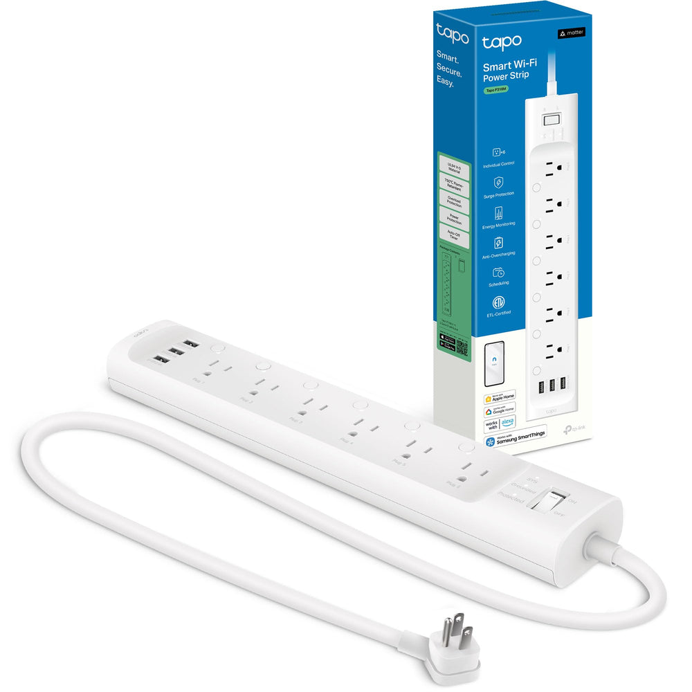 Tapo P316M front view showing all outlets and USB ports, organizing power