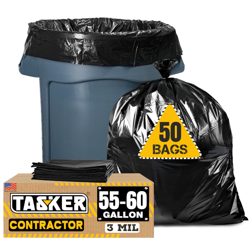 Tasker front packaging showing 55 gallon bags and 50 count benefit