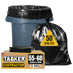Tasker front packaging showing 55 gallon bags and 50 count benefit