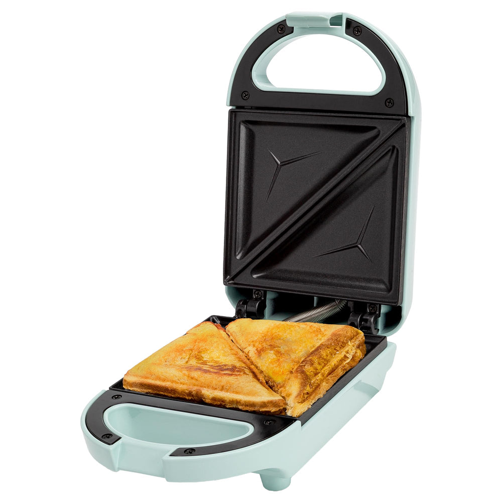 Tasty mini sandwich maker front view in aqua showing compact design and quick use benefit