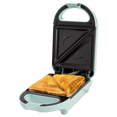 Tasty mini sandwich maker front view in aqua showing compact design and quick use benefit