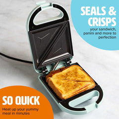 Tasty mini sandwich maker open showing dual-sided plates for even cooking and speed