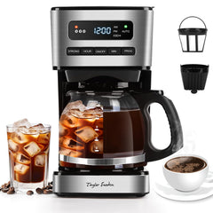 Taylor Swoden front view of coffee maker showing sleek black stainless design and convenience