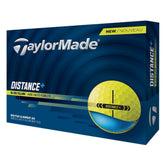 TaylorMade Distance + Yellow front packaging showing one dozen balls and sleeves for easy stocking