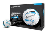 TaylorMade ball front packaging showing blue paint-splatter and clear branding benefit visibility