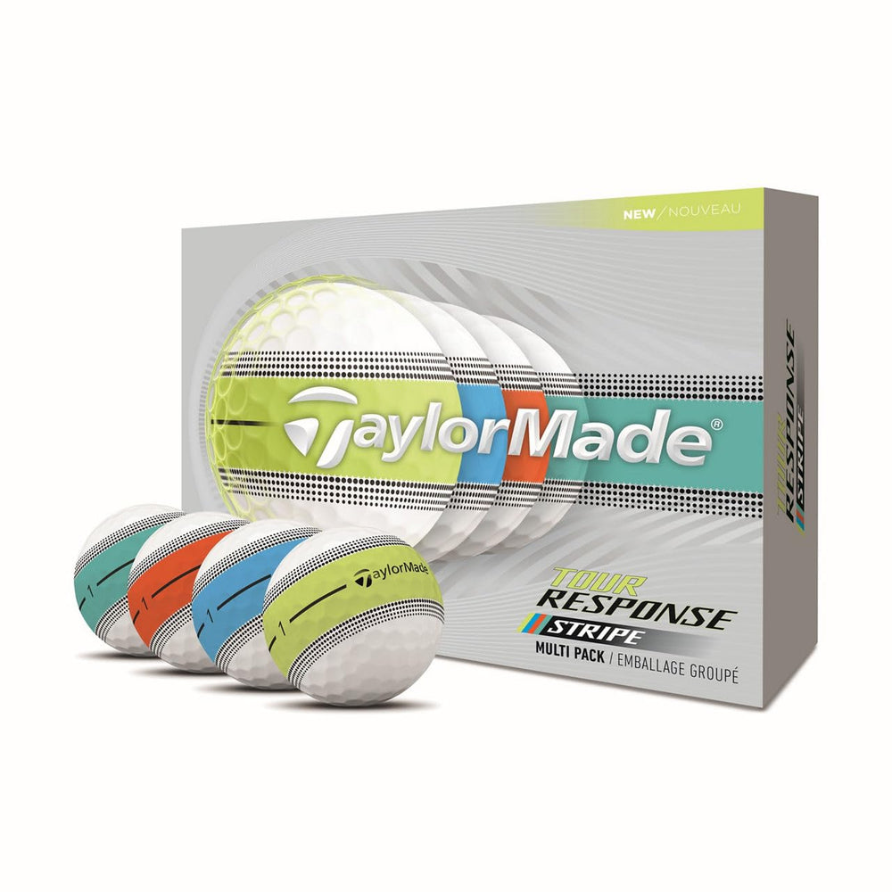 TaylorMade Tour Response Stripe front packaging showing one dozen balls and stripe for clear identification