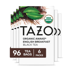 TAZO Awake front packaging showing organic black tea and 96 bags benefit of value