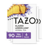 TAZO front packaging showing Glazed Lemon Loaf boxes and branding benefit freshness
