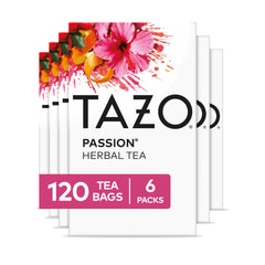 TAZO Passion front packaging showing six 20ct boxes for bulk convenience