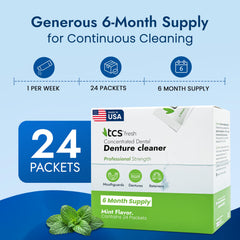 TCS denture soaking bath with appliance immersed for safe daily cleaning