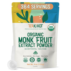 TEAki Hut front packaging showing 4 oz monk fruit powder and label benefit