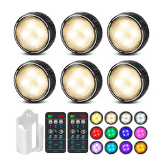TECOMLIGHT front packaging showing six black puck lights and accessories, easy setup benefit