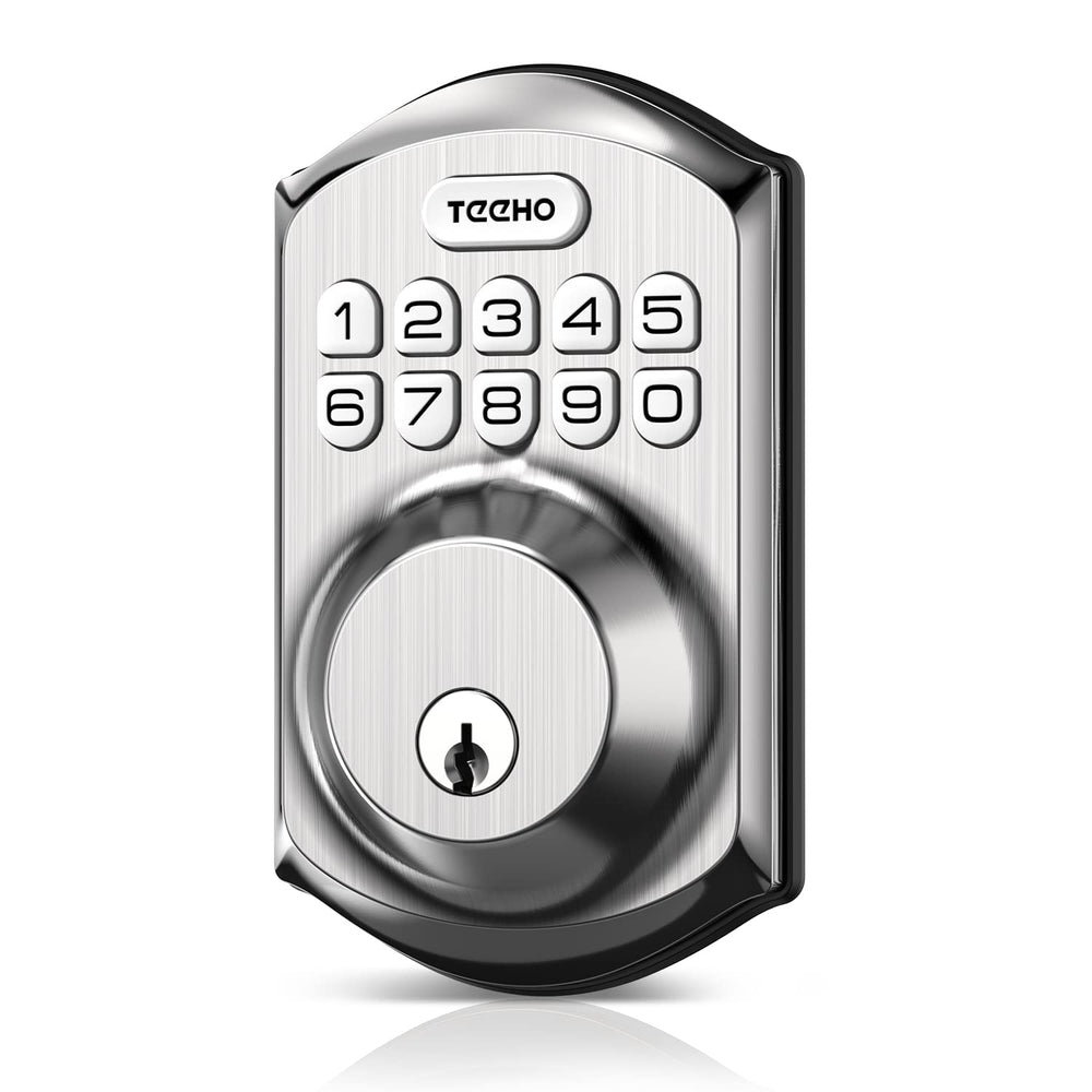 TEEHO TE001 front view in satin nickel showing sleek keypad and faceplate, modern curb appeal