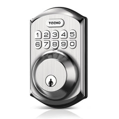 TEEHO TE001 front view in satin nickel showing sleek keypad and faceplate, modern curb appeal