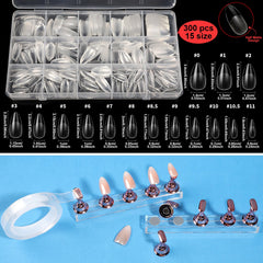 Teenitor almond false nail tips organized on display for sizing and practice