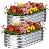 Tegarbed front view of assembled oval galvanized raised bed showing neat planting benefit