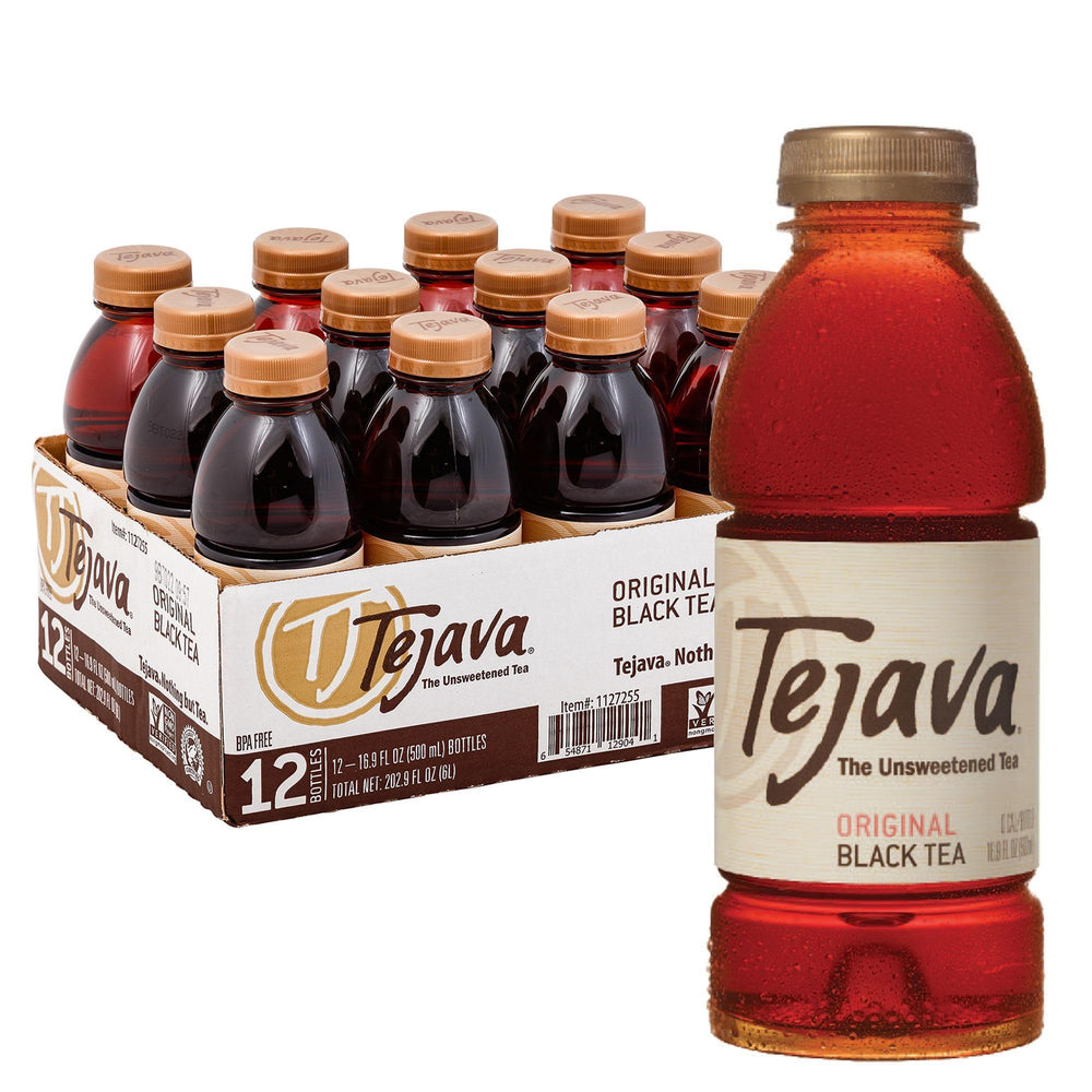 Tejava front bottle showing unsweetened black iced tea and clear branding benefit thirst-quenching refreshment