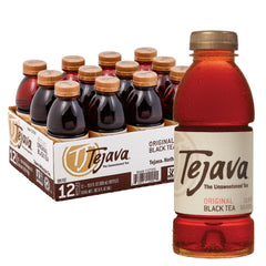 Tejava front bottle showing unsweetened black iced tea and clear branding benefit thirst-quenching refreshment