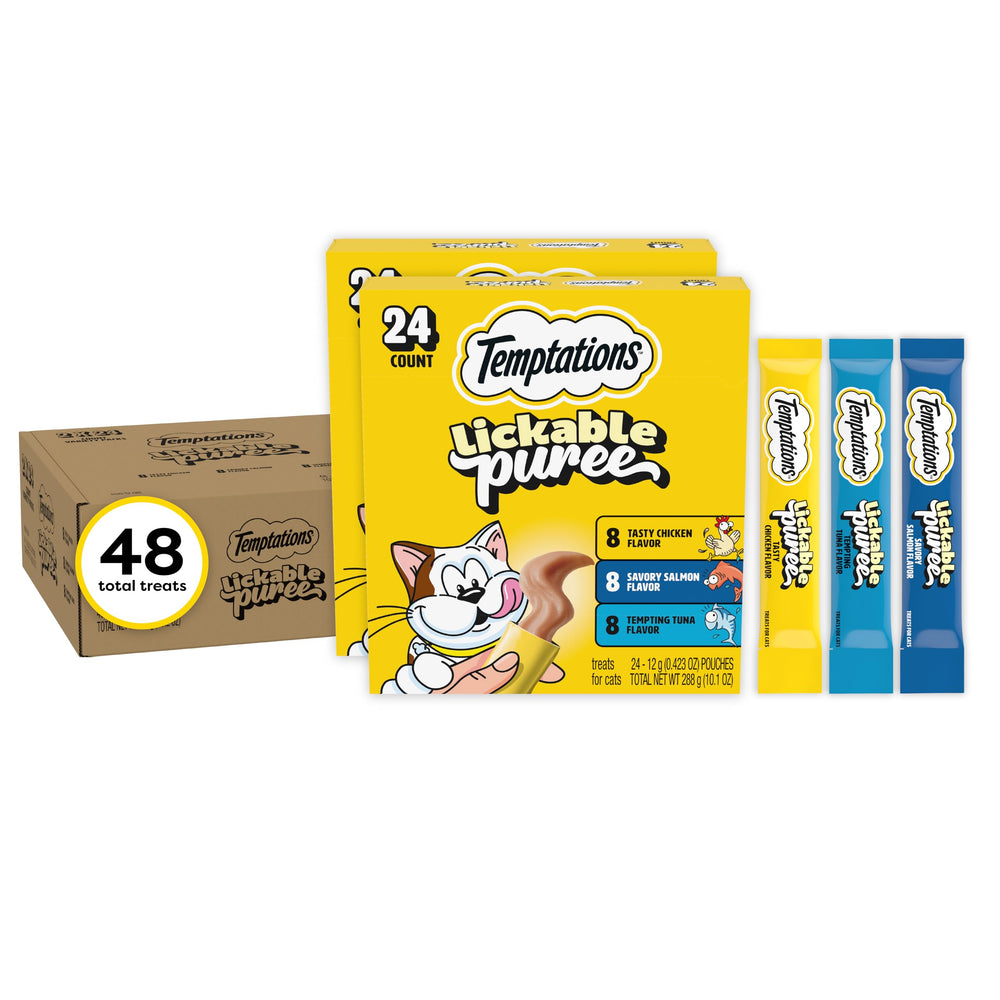 Temptations front packaging variety pack showing tubes and flavors, convenient supply