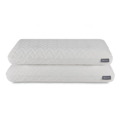 Tempur-Pedic front view of two-pack packaging showing included pillows and benefits