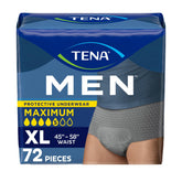 TENA Men front packaging showing XLarge 72 count and discreet design benefit