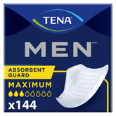 TENA front box showing 144-count pack and discreet protection benefit