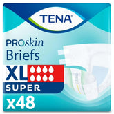 TENA ProSkin front packaging showing XL 48 count and product benefits