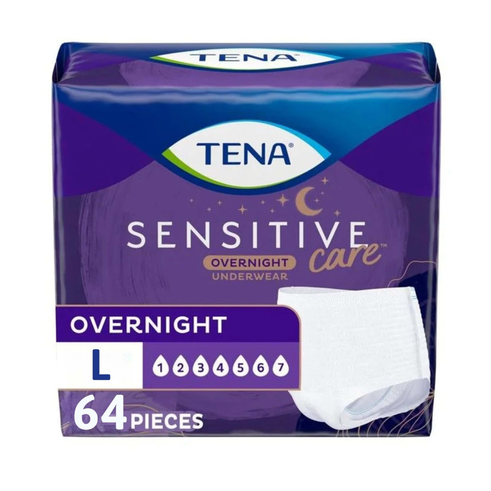 TENA Sensitive front packaging showing 64-count and large size benefit