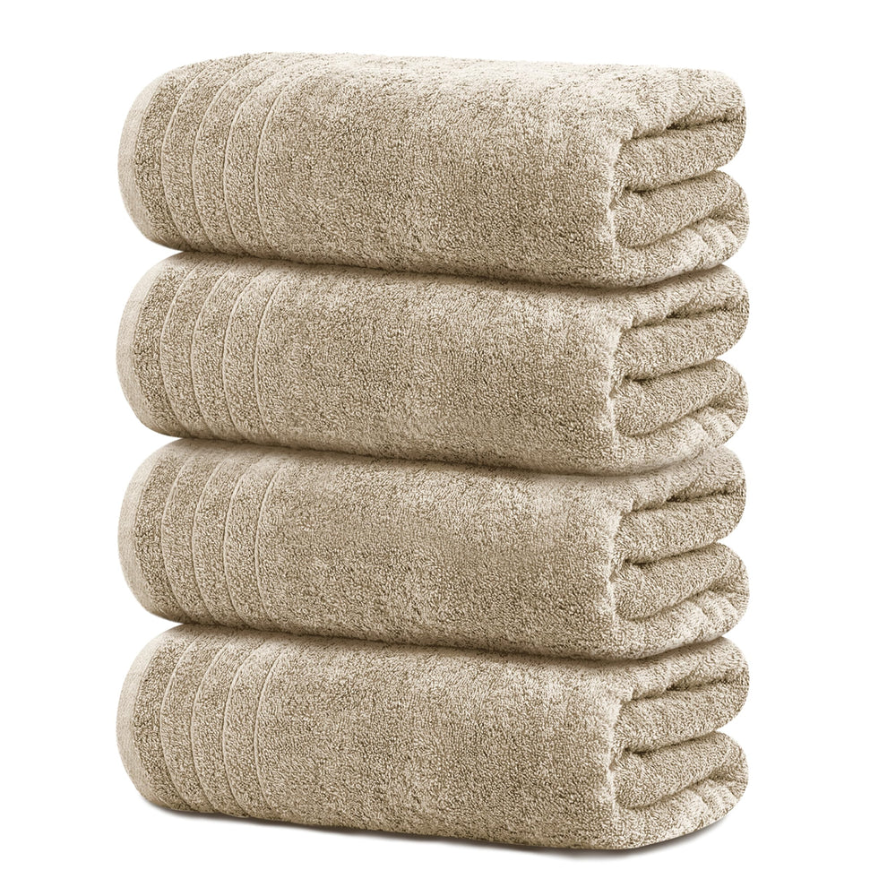 Tens Towels front view showing four beige towels and roomy coverage