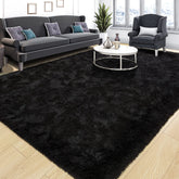 Tepook front view of 4x6 black fluffy rug showing plush surface and modern look