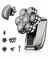 TEPOTZ front view of steel gray shaver showing ergonomic design and portability benefit