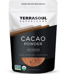 Terrasoul Superfoods pouch front showing one-pound cacao powder packaging and clear label benefit