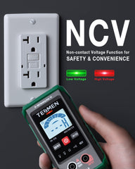 TESMEN TM-510 non-contact voltage sensor close-up, detects live wires safely