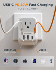 TESSAN adapter plugged into a European wall socket demonstrating secure fit and compatibility