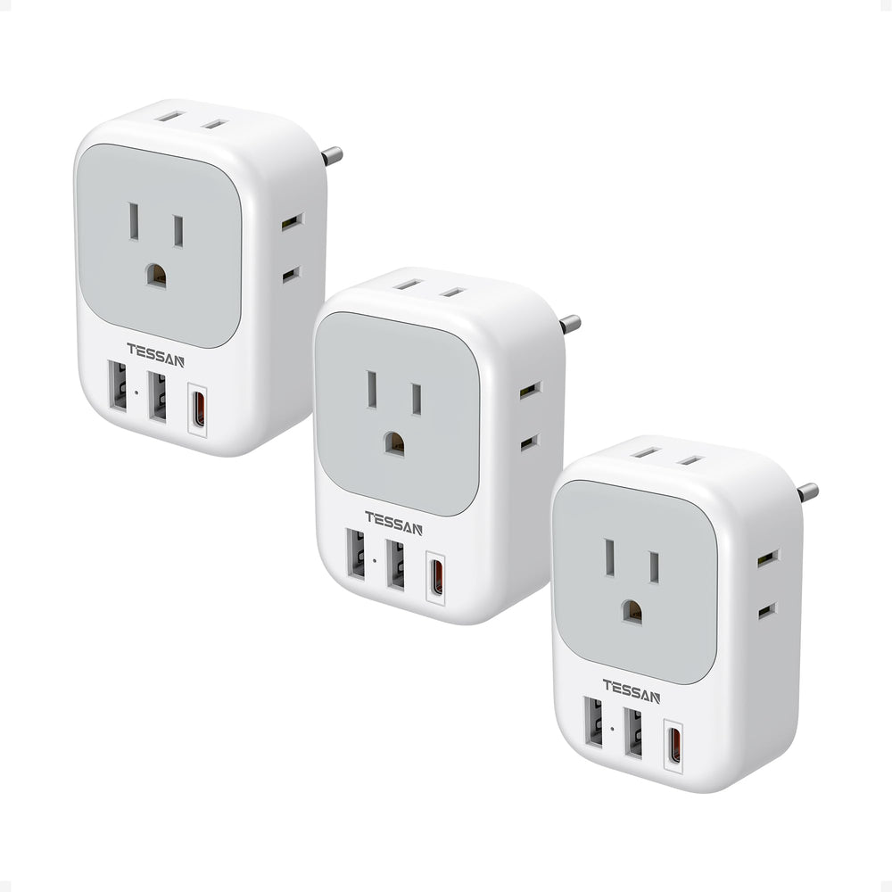TESSAN front view of 3-pack adapters showing ports and compact design for convenient charging